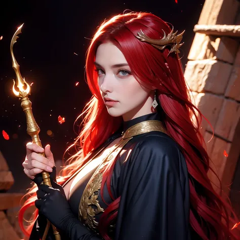 Dragon Woman, chifres pretos, red hair, fundo medieval, olhos alaranjados, par de chifres pretos, uma mulher, Chifres, Holding a wand in one hand