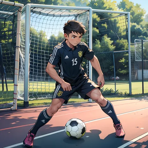 A boy is playing soccer，soccer court