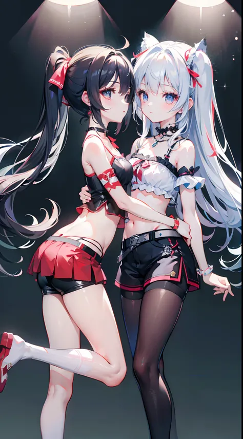 ,twins, Masterpiece,Best quality,offcial art,Extremely detailed Cg Unity 8K wallpaper, 2girls, cute female child, Yuri, hair adornments, Short shorts, Crop top, Pantyhose, ribbon_choker necklace, leg belt,