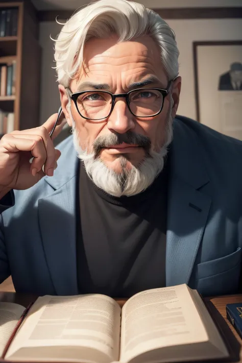 Homem, graves, 47 Anos, com barba, olhar gentil, olhos castanhos, forte, inteligente, estudioso, wearing old glasses, com uma jaqueta velha, holding a Bible