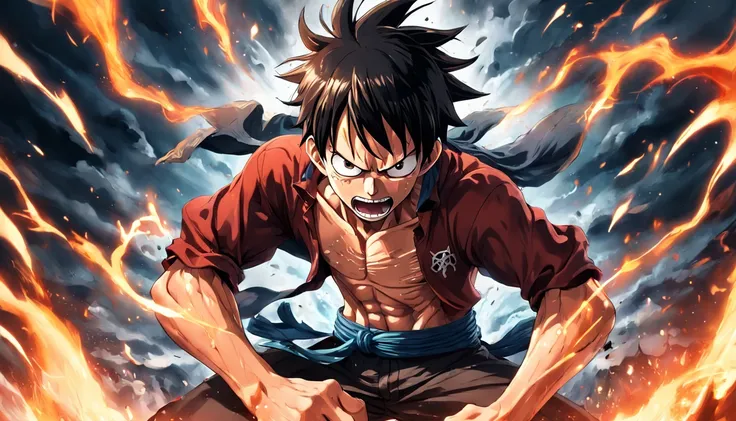 Design a gripping poster featuring Luffy from "One Piece" in a fit of rage. Capture the essence of his burning determination and unyielding spirit as he unleashes his wrath upon his enemies. Keep it short, bold, and intense to convey the raw power of Luffy...