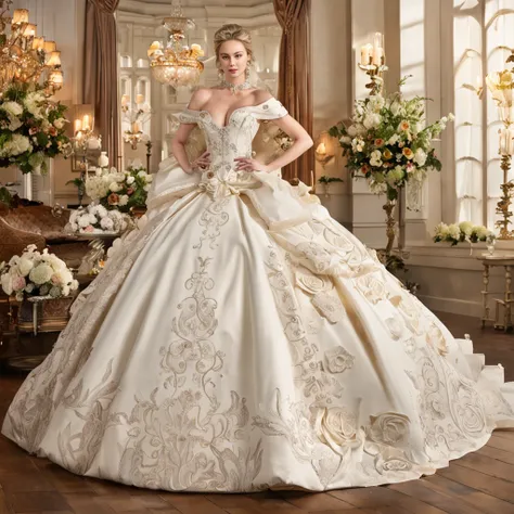 Best quality, Masterpiece, a stunningly beautiful Greer Grammer as a royal bride wearing a stately and elaborate royal wedding dress of white satin and tulle adorned with huge ribbon bows, lace, frills, flounces, embroidery and jewels, with enormous puffed...