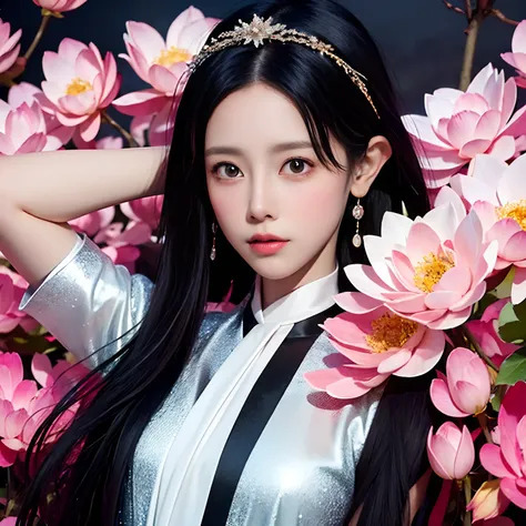 32K（tmasterpiece，k hd，hyper HD，32K）Long flowing black hair，ponds，zydink， a color，  Xuzhou people （Silly girl）， （Silk scarf）， Combat posture， looking at the ground， long whitr hair， Floating hair， Carp pattern headdress， Chinese long-sleeved clothing， （Abst...