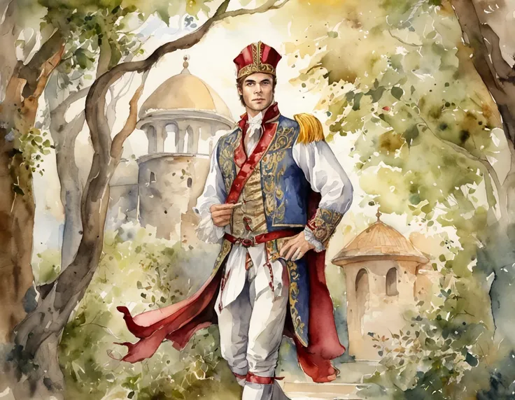 European aristocratic man in fantasy medieval ballroom costume, full body, photorealistic, highly detailed, elegant, soft daylight, unique concept, watercolor