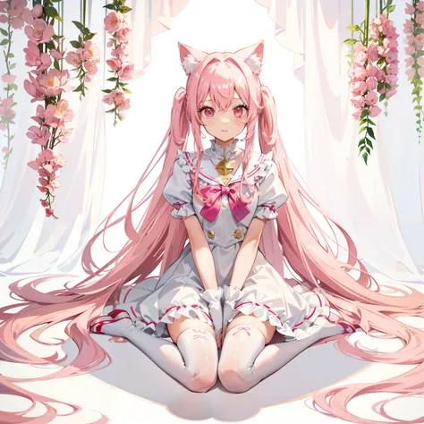 long pink  hair，Double ponytail slightly curly hair，White cat ears，Broken hair curtain，Pink and white cats paw gloves are worn on his hands，White and blue short sailor suit，short  skirt，White over the knee，Socks and stockings have cat motifs on them，Sittin...