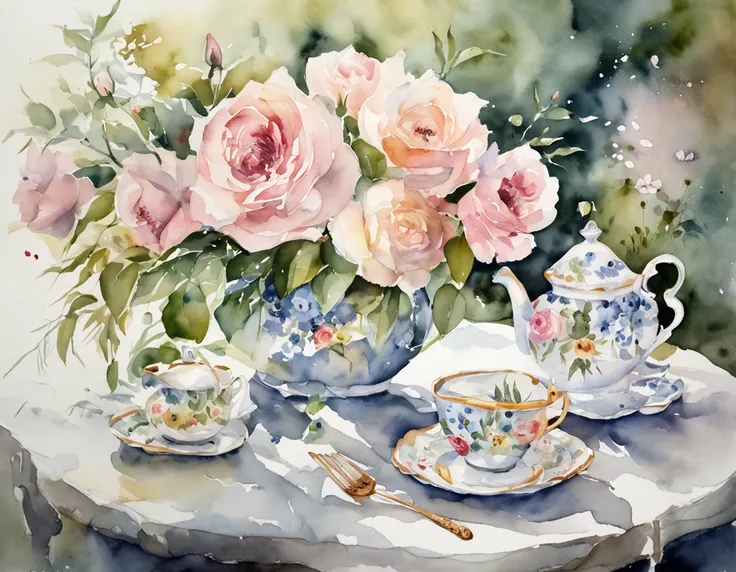 secret garden, lush, floral, white rose, botanical, romanticism, moody, tea, tea time, glass chairs, large conservatory, elegant dreamy watercolor style artwork