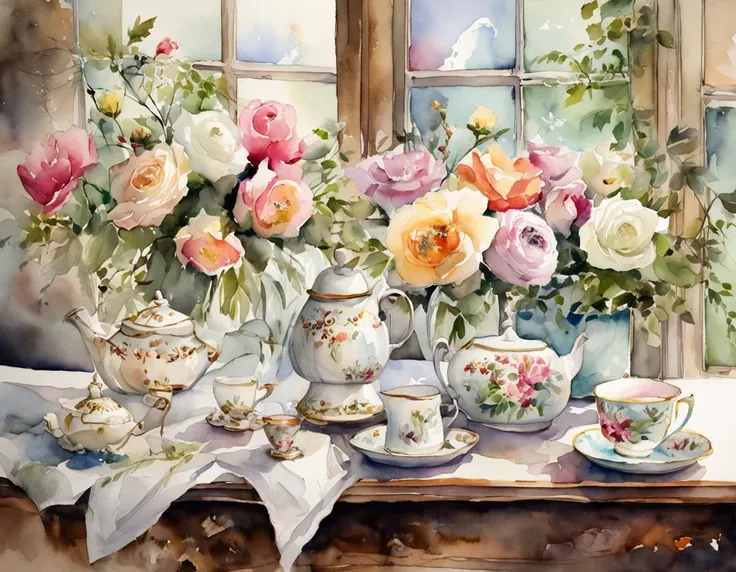 secret garden, lush, floral, white rose, botanical, romanticism, moody, tea, tea time, glass chairs, large conservatory, elegant dreamy watercolor style artwork