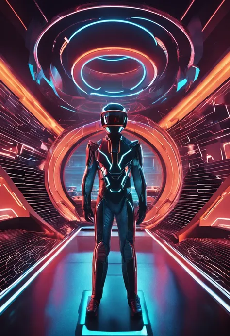 a close up of two people in futuristic clothing standing next to each other, tron, colors of tron legacy, 1 9 8 0s sci - fi style, 1 9 8 0 s sci - fi movie, tron legacy, cybernetic glowing, 8 0s vintage sci - fi style, neon version of style jim burns, 80s ...