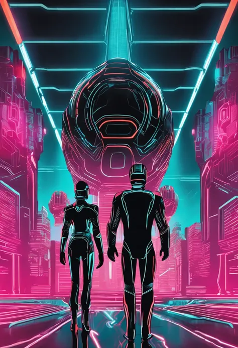 a close up of two people in futuristic clothing standing next to each other, tron, colors of tron legacy, 1 9 8 0s sci - fi style, 1 9 8 0 s sci - fi movie, tron legacy, cybernetic glowing, 8 0s vintage sci - fi style, neon version of style jim burns, 80s ...