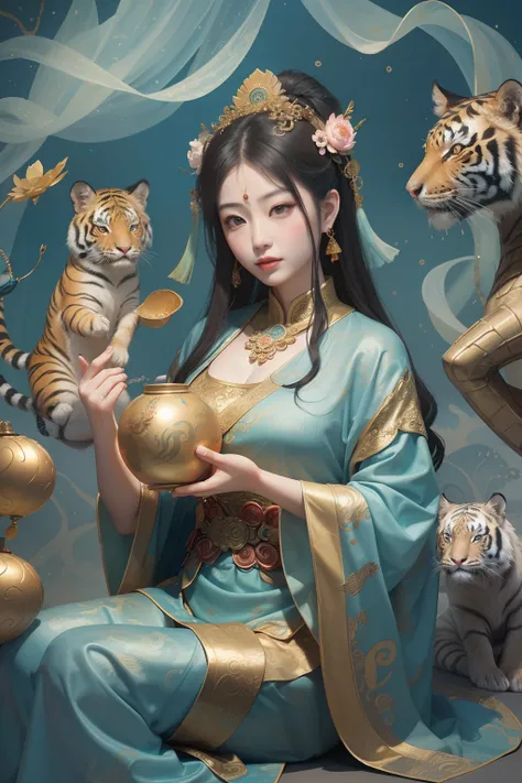 an ancient Chinese goddess, guanyin of the southern seas, Guanyin, Inspired by China, Avalokiteshvara rides a tiger，,Serene expression,shui mo hua,Buddha,Buddhist,Lotus,Chinese painting style,Thangka style