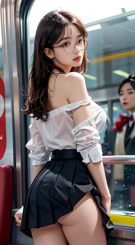 (((Super cute extreme exhibitionist schoolgirl on a crowded train)))..((Wearing bow tie and white swooping open shirt（off shoulders））（Check miniskirt、up skirt））: 1.5.)) 40k, Photography, masutepiece, Best Quality, dark grey background, ((1 Gorgeous bright-...