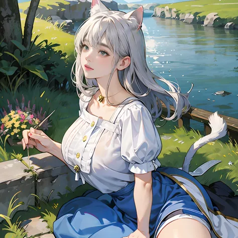 Women in Their 20s, offcial art, unity 8k wall paper, ultra-detailliert, beautifly、Aesthetic, ​masterpiece, top-quality, Photorealsitic、Cat-eared clan、Cats ears、very thick tail:1.5、very thick and long tail、dark brown eyes、Silver-white hair、shorth hair、Shor...