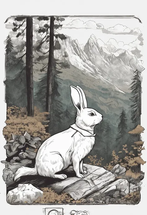 Classic negative portrait photo, fantasy video game character concept art, a cute white fluffy rabbit with a small brown leather backpack looking at a map hiking through the forest, dungeons and dragons, fantasy, river, haze, halo, Bloom, dramatic atmosphe...