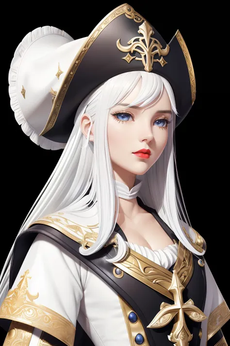 (((Saint Seya style aesthetic))) (Masterpiece) realistic big bust to the pelvic area ((beauty shape)) of a beauty hyperrealist & photorealist beauty young astonishing girl in "cropped white & black pirate clothing" (((from 18th century))) highly & extremel...