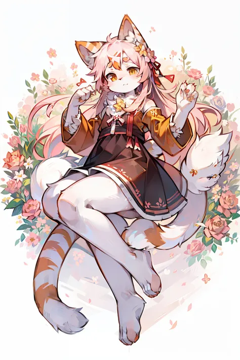 Furry，Cat cat，White body，Pink-orange stripes，Pink white ears，There are white flowers on the forehead，eyes orange，A circle of flowers around the neck，Furry，Cat cat，There are clothes，The barefoot