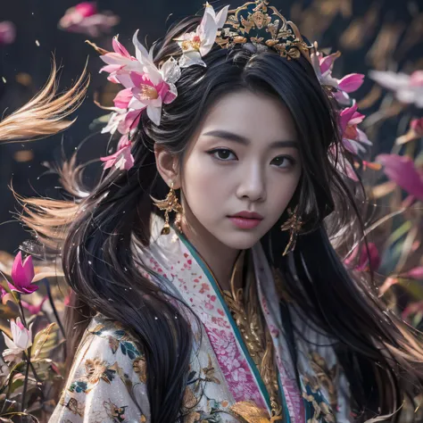 32K（tmasterpiece，k hd，hyper HD，32K）Long flowing black hair，ponds，zydink， a color，  Xuzhou people （Silly girl）， （Silk scarf）， Combat posture， looking at the ground， long whitr hair， Floating hair， Carp pattern headdress， Chinese long-sleeved clothing， （abst...