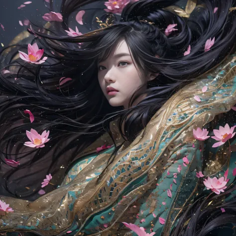 32K（tmasterpiece，k hd，hyper HD，32K）Long flowing black hair，ponds，zydink， a color，  Xuzhou people （Silly girl）， （Silk scarf）， Combat posture， looking at the ground， long whitr hair， Floating hair， Carp pattern headdress， Chinese long-sleeved clothing， （abst...