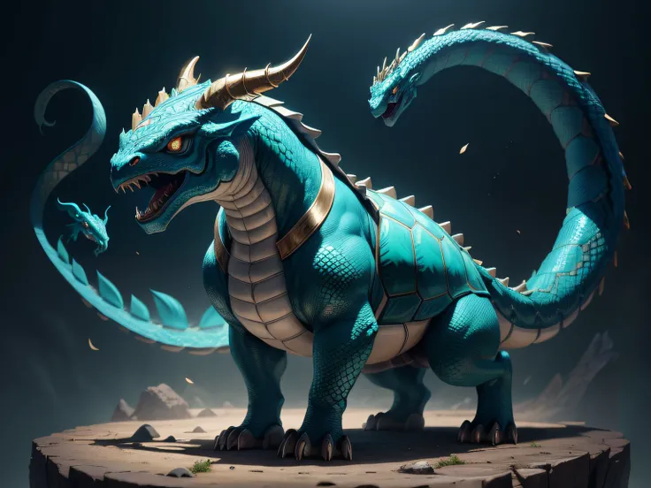 tmasterpiece，A high resolution，8K，CG animation，The image of a mythical beast in Chinese mythology，By the head of a dragon、The body of a turtle、The tail of the snake is composed；The head is covered with turquoise dragon horns，The eyes are like the finest em...