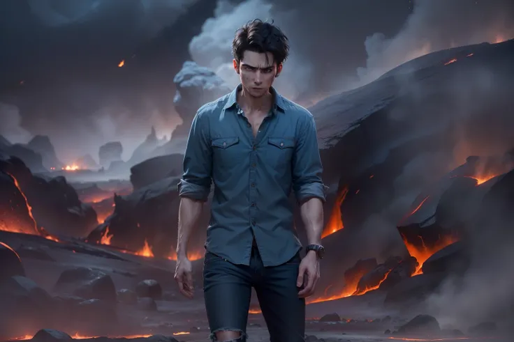 Ultra-realistic 8k image of a thin 25-year-old man, short black hair, dressed in a dirty blue button-up shirt and dirty jeans, Expression of hate, Body injuries, scenery of a dark plain with lava, darkness, suffering souls