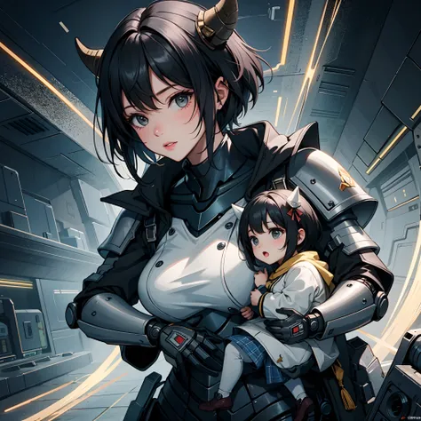 Masterpiece, best quality, a mother with short hair and horns holding a cute two year old baby girl with horns, black hair,Mechanical clothing, armor, metal

,amazing,illustration,science fiction