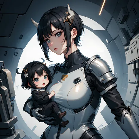 Masterpiece, best quality, a mother with short hair and horns holding a cute two year old baby girl with horns, black hair,Mechanical clothing, armor, metal

,amazing,illustration,science fiction