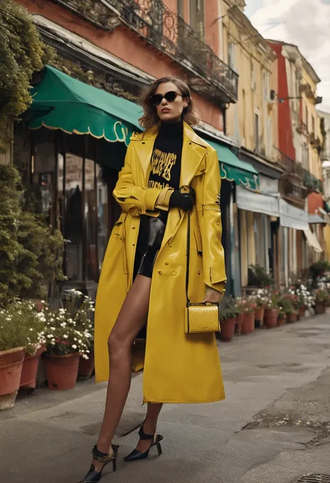 30 year old woman wearing yellow coat and with alpha features, jaqueta de rapper, arte digital por Andrei Kolkoutine, trend in cg society, Arte Digital, Editorial Prada Oficial, Steven Klein, fotografia editorial, fotografia editorial, imagem editorial, We...