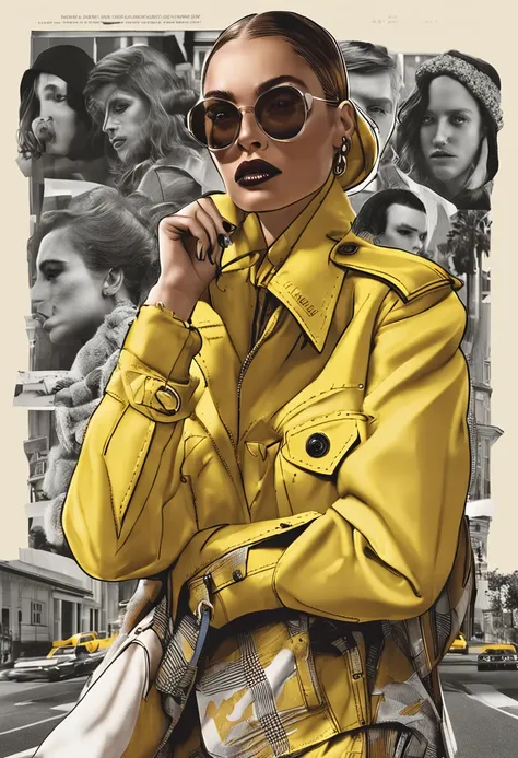 30 year old woman wearing yellow coat and with alpha features, jaqueta de rapper, arte digital por Andrei Kolkoutine, trend in cg society, Arte Digital, Editorial Prada Oficial, Steven Klein, fotografia editorial, fotografia editorial, imagem editorial, We...