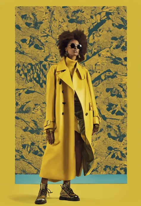 30 year old woman wearing yellow coat and with alpha features, jaqueta de rapper, arte digital por Andrei Kolkoutine, trend in cg society, Arte Digital, Editorial Prada Oficial, Steven Klein, fotografia editorial, fotografia editorial, imagem editorial, We...