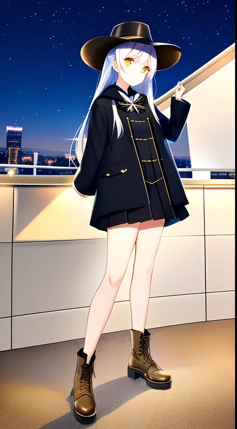 (Best quality,Masterpiece,超高分辨率),(Beautiful and detailed face),1girll,Height 148cm,Poor milk,white long straight hair,Golden pupils,ssmile,Wide-brimmed high-top felt hat,Large black coat,pleatedskirt,Bare legged,Brown booties,the night,High-rise roof,Jazz ...