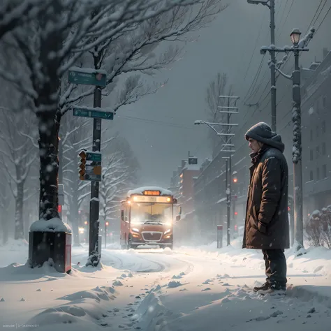 In this somber and wintry scene, we have a man standing near a bus stop, waiting for a bus in the midst of a snowstorm. The man is dressed in a hoodie, seeking some warmth and protection from the cold weather. The snow falls gently around him, creating a m...