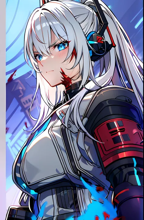 anime girl with white hair and blue eyes holding a sword, cyborg - girl with silver hair, best anime 4k konachan wallpaper, kantai collection style, cyberpunk anime girl mech, from the azur lane videogame, angry female cyborg, broken beautiful female andro...