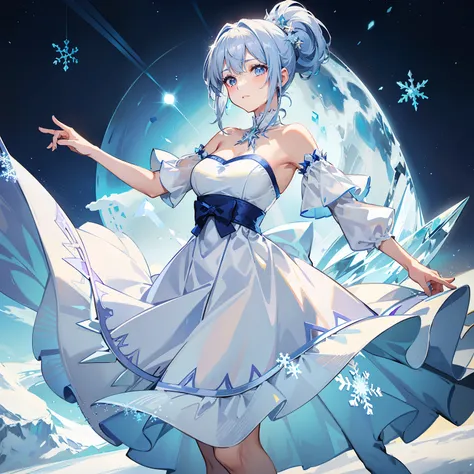 Short yellow ponytail，Violet-blue eyes，Blue and white off-the-shoulder long dress，On a wide snowfield as far as the eye can see，Next to it is a crystal clear snowflake tree，princess，Dance to the beauty，expressiveless