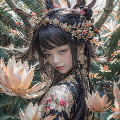 32K（tmasterpiece，k hd，hyper HD，32K）Long flowing black hair，ponds，zydink， a color，  Asian people （Silly girl）， （Silk scarf）， Combat posture， looking at the ground， long whitr hair， Floating hair， Carp pattern headdress， Chinese long-sleeved clothing， （abstr...