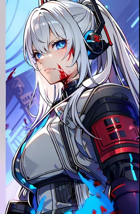 anime girl with white hair and blue eyes holding a sword, cyborg - girl with silver hair, best anime 4k konachan wallpaper, kantai collection style, cyberpunk anime girl mech, from the azur lane videogame, angry female cyborg, broken beautiful female andro...