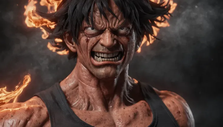 Design a gripping poster featuring Luffy from "One Piece" in a fit of rage. Capture the essence of his burning determination and unyielding spirit as he unleashes his wrath upon his enemies. Keep it short, bold, and intense to convey the raw power of Luffy...