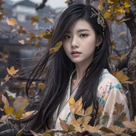 32K（tmasterpiece，k hd，hyper HD，32K）Long flowing black hair，ponds，zydink， a color，  Xuzhou people （Silly girl）， （Silk scarf）， Combat posture， looking at the ground， long whitr hair， Floating hair， Carp pattern headdress， Chinese long-sleeved clothing， （abst...