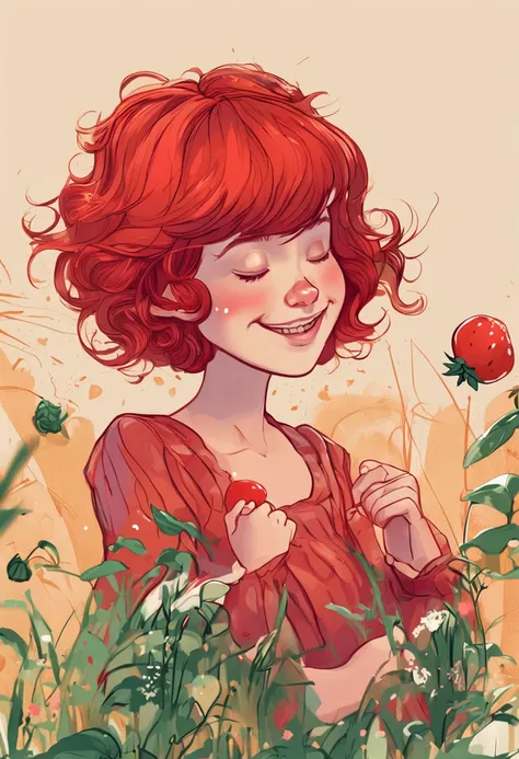 Happy girl with red hair ,Red hair, short hair with bangs , With red dress with strawberry texture, In Pixar Disney cartoon style , Play in the Strumberry field on a sunny day