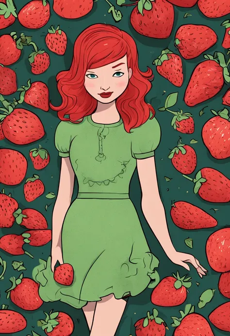 Happy girl with red hair ,Red hair, short hair with bangs , With red dress with strawberry texture, In Pixar Disney cartoon style , Play in the Strumberry field on a sunny day