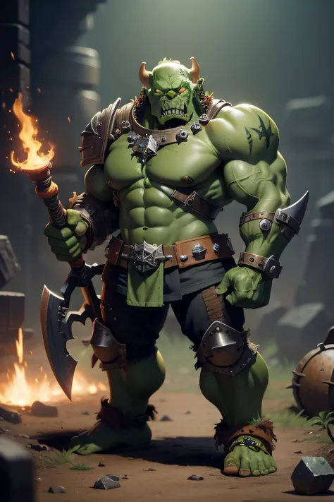 ork from warhammer 40,000 green skin toll with iron jaw and big hammer