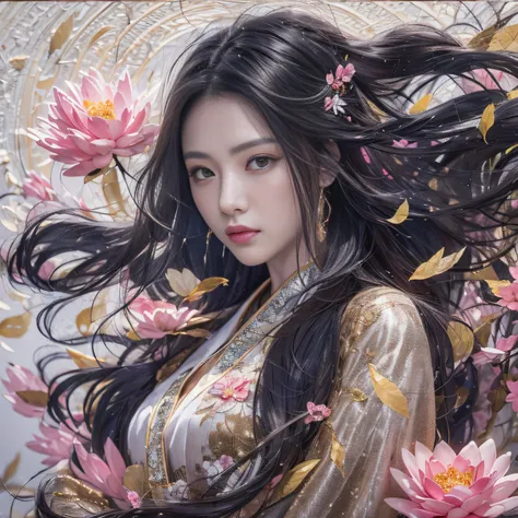 32K（tmasterpiece，k hd，hyper HD，32K）Long flowing black hair，ponds，zydink， a color，  Xuzhou people （Silly girl）， （Silk scarf）， Combat posture， looking at the ground， long whitr hair， Floating hair， Carp pattern headdress， Chinese long-sleeved clothing， （abst...