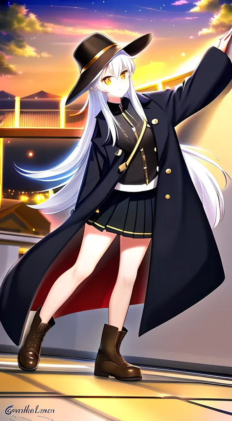 (Best quality,Masterpiece,超高分辨率),(Beautiful and detailed face),1girll,Height 148cm,Poor milk,white long straight hair,Golden pupils,Evil laughter,Wide-brimmed high-top felt hat,Large black coat,pleatedskirt,Bare legged,Brown booties,the night,High-rise roo...