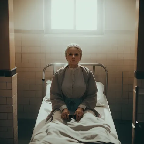 Theres a woman sitting on a bed in a hospital room, Directed by: Emma Andijewska, Cinematografia deslumbrante e mal-humorada, ainda do filme, ainda do filme, Directed by: Elsa Bleda, dramatic movie still, Directed by: Daniel Ljunggren, detailed cinematic p...