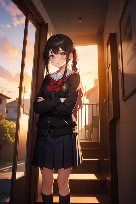 1 girl, school uniform, staircase, house, sunset, best shader, detailed, rural area