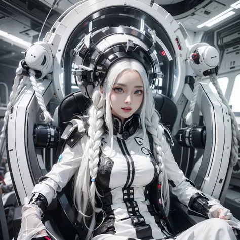 Seductive woman raising hands and shouting　Perfect beauty　beautidful eyes　Beautiful white skin　Look at viewers　Lustrous lips　Joyful smile　White hair in braids　sitting on　Sensual Lolita costume with a futuristic body designed in black and white　Stimulating　...