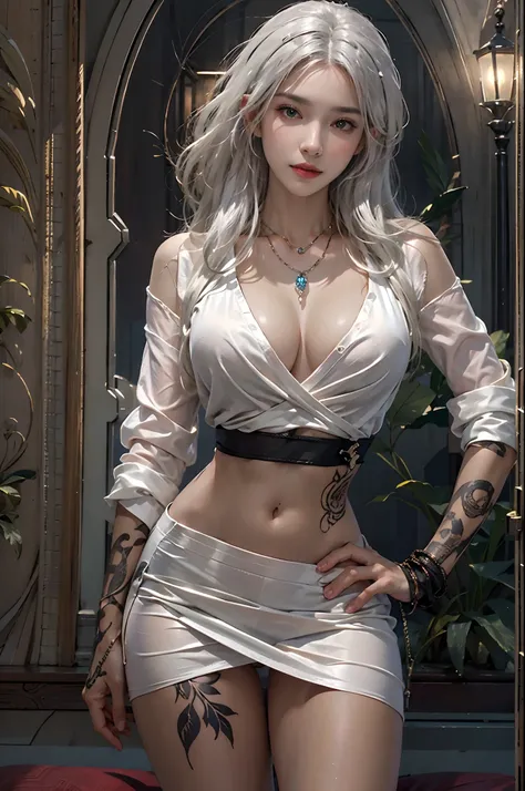 photorealistic, high resolution, soft light,1women, solo, hips up, shining skin, (detailed face),tattoo, jewelry, micro skirt, night, white hair, wavy hair, Beautiful Soldier, Eyes That Invite Viewer, Lovers Perspective, Inviting Expression, Sexy Smile, Pe...