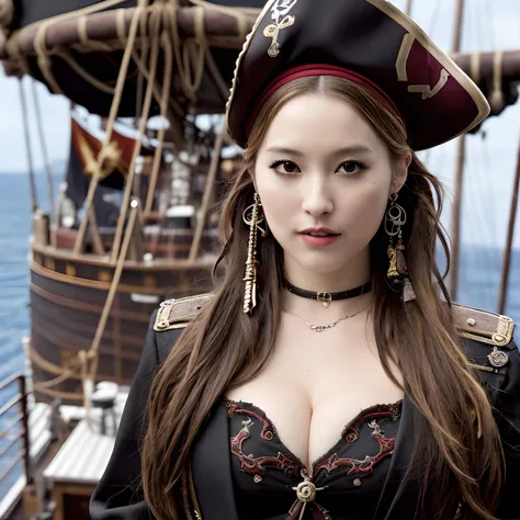 (8K, Best Quality, masutepiece:1,2), (Realistic, Photorealsitic:1,37), of the highest quality, masutepiece, 1girl in, Solo. Beautuful Women, Pirate-like style, With pirate accessories, cleavage, On board a pirate ship, Cinematic, Very strong detail,