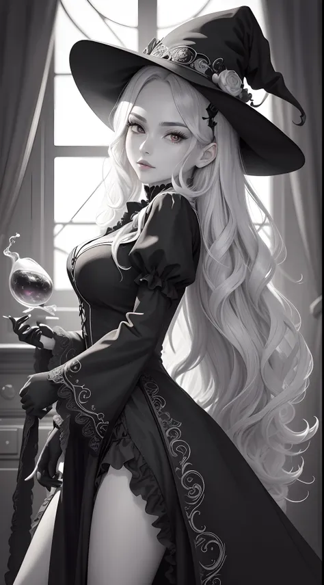 Coloring page, Black and white line art coloring page of a beautiful Witch halloween woman in the style of anime realism, wavy hair and perfect slim fit body, masterpiece digital art with animecore influence, berry, vibrant, living room, highly detailed go...