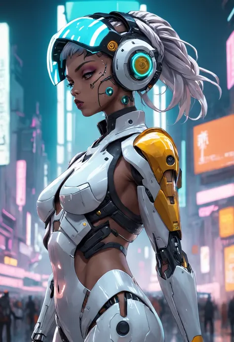 Theres a woman wearing a futuristic helmet, arte cyberpunk inspirada em Hedi Xandt, trending in cgsociety, Afrofuturismo, alta moda cyberpunk, mulher futurista da moda, Visual futurista, Futuristic style, Cyberpunk futurista, modelo bonito da mulher cyberp...