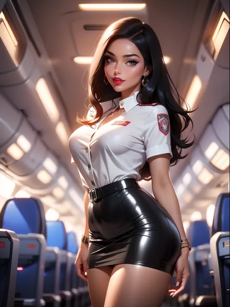 (sexy girl 25 years old),stunning girl, flight attendant,beautifull face,red lips,tight skirt,(white aviator shirt), bare legs,big thighs,big tits, black hair, dark eyes, looking at viewer, bright skin, (shiny skin:1.2), upper body,smiling subtly,atractive...