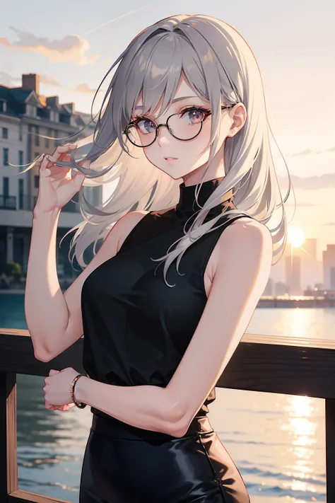 1 girl, sleeveless, best quality, best detailed, camise, best shaders, black short pencil skirt, glasses, sunset, long silver hair, elegant, beautiful face, hands crossing